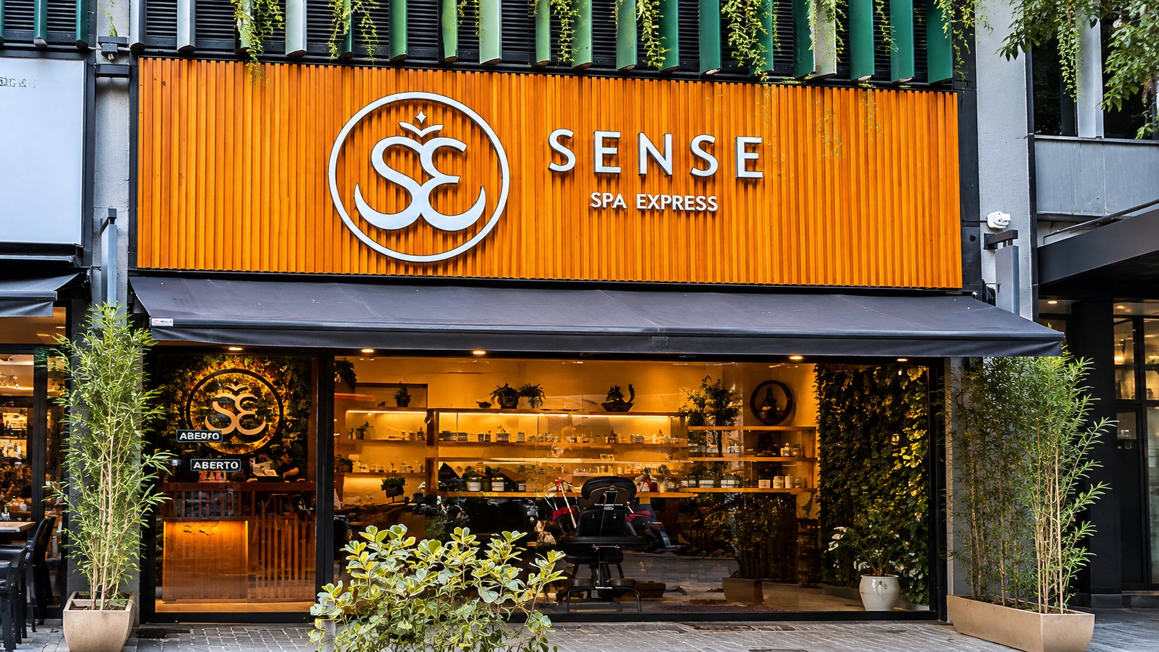 Fachada laranja da Sense Spa Express no Largo do Machado, com bambus e vitrine iluminada